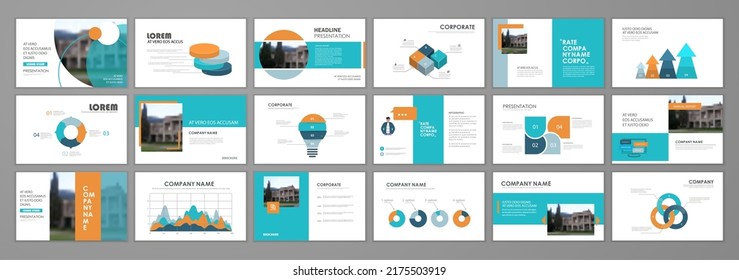 Business presentation infographic elements template set. Keynote presentation background, slide templates design, website, brochure cover, landing page, annual report brochure. Vector Illustration