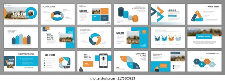 Business presentation infographic elements template set. Keynote presentation background, slide templates design, website, brochure cover, landing page, annual report brochure. Vector Illustration