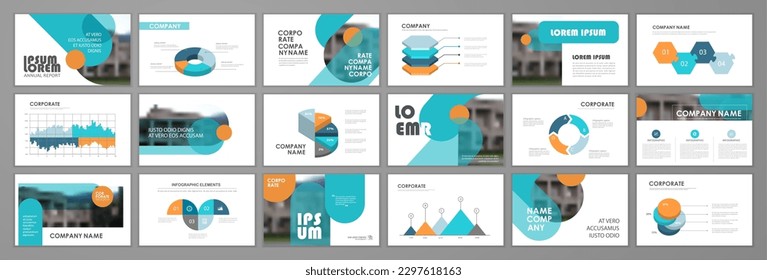 Business presentation infographic elements template set. Keynote presentation background, slide design, website ideas, brochure cover design, landing page, annual report brochure. Vector Illustration