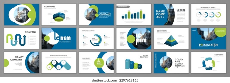 Conjunto de plantillas de elementos infográficos de presentación empresarial. Antecedentes de la presentación principal, diseño de diapositivas, ideas de sitios web, diseño de portada de folletos, página de inicio, folleto del informe anual. Ilustración vectorial