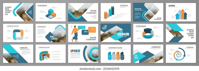 Conjunto de modelos de elementos infográficos de apresentação comercial. Plano de fundo da apresentação do tema, design de modelos de slide, ideias do site, design de capa de brochura, página inicial, relatório anual. Ilustração de vetor