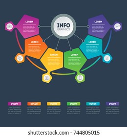 Business presentation or infographic examples with 6 options. Vector infographics or mind map of technology or education process. Web Template of a chart, mindmap or diagram on dark background.