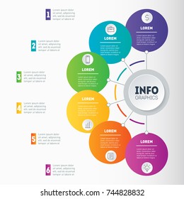 Business presentation or infographic examples with 6 options. Vector dynamic infographics or mind map of technology or education process. Template of a chart, mindmap or diagram on white background