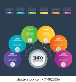 Business presentation or infographic examples with 6 options. Vector dynamic infographics or mind map of technology or education process. Template of a chart, mindmap or diagram