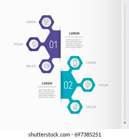 Business presentation or infographic including 2 main options and 6 additional options. Vector dynamic infographics of technology or education process. Web Template of a chart, mindmap or diagram