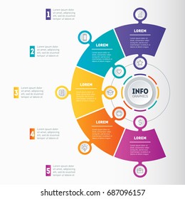 Business presentation, infographic or mind map with five options. Vector dynamic infographics of technology or education process. Web Template of a chart, mindmap or diagram. Part of the report.