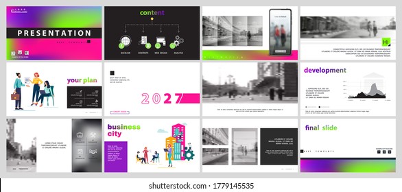 Business presentation, infographic multicolored gradient, elements design template on white background. Teamwork of people in the city, businessman. Use in presentations, flyers, marketing banner