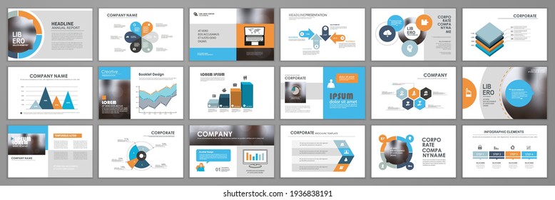 Business presentation infographic  template set. Keynote presentation background, slide templates design, website ideas, brochure cover, landing page, annual report brochure. Vector Illustration