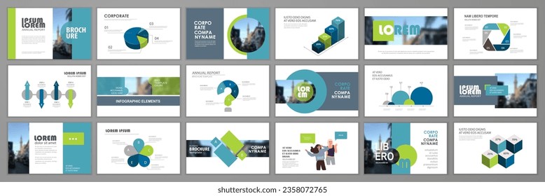 Business presentation infographic  template set. Keynote presentation background, slide template design, website ideas, brochure cover design, landing page, annual report brochure. Vector Illustration