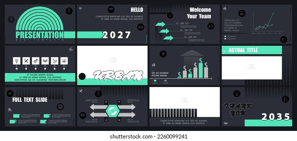 Business presentation infographic templates, green and white elements on black background. Use in flyers and SEO, marketing, webinar pages, website design, powerpoint, calendar, banners, annual report