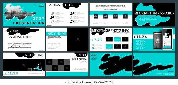 Business presentation infographic templates, green and white elements on black background. Use in flyers and SEO, marketing, webinar pages, website design, powerpoint, calendar, banners, annual report