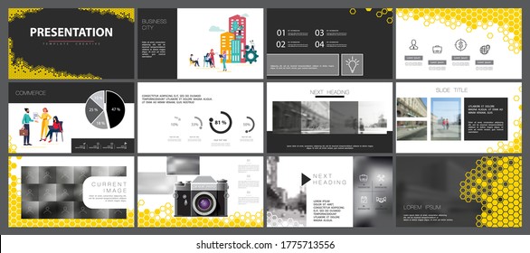 Business presentation, infographic yellow elements design template on white background. Teamwork of people in the city, businessman. Use in presentations, corporate report flyers, marketing banner
