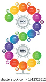 Business presentation or infographics with 15 steps. Template of development tree. Technological or education process. Annual report is segmented into Fifteen parts. Step-by-step path to success.