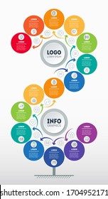 Business presentation or infographics with 15 steps. Template of tree. Technological or education process. Annual report is segmented into Fifteen parts. Step-by-step path to success. Vector.