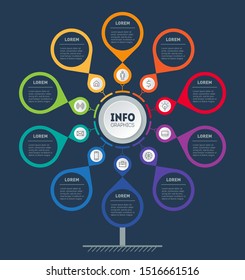 Business presentation or infographics concept with 10 options or points. Template of tree, chart or diagram. Info graphic of technology or education process with ten steps. Dark background.