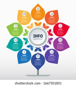 Business presentation or infographics concept with 10 options. The chart in the shape of a flower. Info graphic of technology or education process with ten steps.