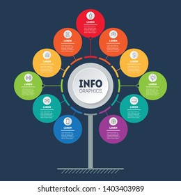 Business presentation or infographics concept with 11 options. Tree, info chart or diagram. Vector info graphic of technology or education process with 11 steps.