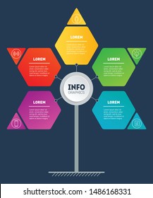 Business presentation or infographics concept with 5 options. Web Template of development tree, info chart or diagram. Info graphic of technology or education process with five steps. Hexagons.