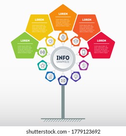 Business presentation or infographics concept with 5 options and 10 icons. Template of tree or diagram. Info graphic of technology or education process with five steps.