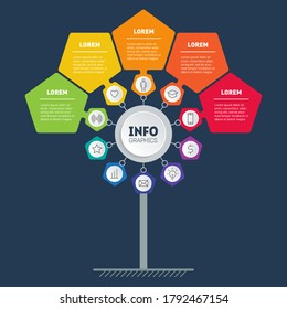 Presentación de negocios o concepto de infografía con 5 opciones y 10 iconos. Plantilla de árbol o diagrama. Gráfico informativo de tecnología o proceso educativo con cinco pasos.