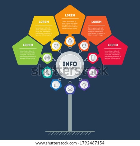 Business presentation or infographics concept with 5 options and 10 icons. Template of tree or diagram. Info graphic of technology or education process with five steps.