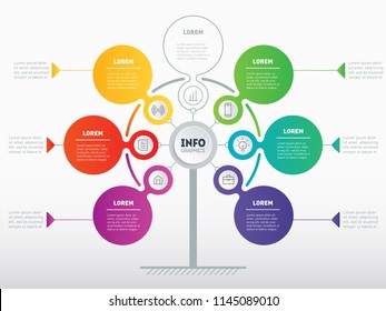 Business presentation or infographics concept with 6 or 7 options. Web Template of service tree, info chart or diagram. Vector info graphic of technology or education process with 6 or 7 steps.