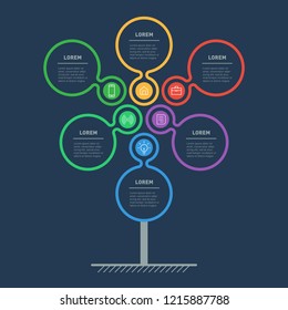 Business presentation or infographics concept with 6 points. Web Template of tree, info chart or diagram. Vector info graphic of technology or education process with 6 steps.