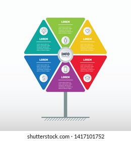 Business presentation or infographics concept with 6 options and icons. Template of tree, info chart or diagram. Vector info graphic of technology or education process with six steps.