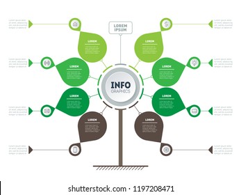 Business Presentation Or Infographics Concept With 8 Options. Web Template Of Green Tree, Info Chart Or Diagram. Vector Info Graphic Of Technology Or Education Process With 8 Steps.