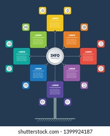 Business presentation or infographics concept with 8 options and 12 icons. Vector. Web Template of tree, info chart or diagram. Info graphic of technology or education process with 8 steps.