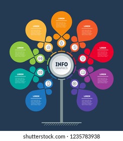 Business presentation or infographics concept with 9 points. Web Template of tree, info chart or diagram. Vector info graphic of technology or education process with 9 steps.