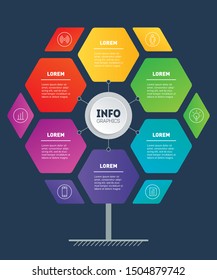 Business presentation or infographics concept with six options. Web Template of development tree, chart or diagram. Info graphic of technology or education process with 6 steps. Hexagon.