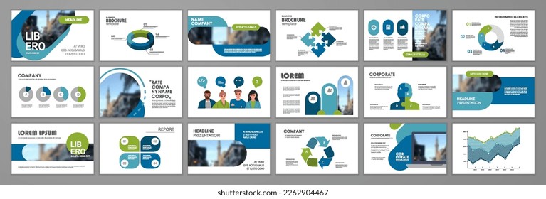 Business presentation infographics elements template set. Keynote background, slide template, website ideas, brochure cover design, landing page annual report brochure. Vector Illustration