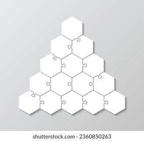 infografías de presentación de negocios. Infografía de la pirámide de negocios del hexágono. Cuadrícula hexagonal de rompecabezas. Gráfico informativo del rompecabezas con 15 piezas, pasos, partes del diagrama de procesos. Ilustración del vector