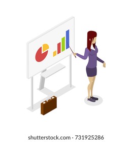 Business presentation isometric 3D icon. Corporate office life, young woman near white board with diagram vector illustration.