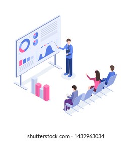 Business presentation isometric color illustration. Market analyst, boss, office workers 3d cartoon characters. Corporate training, sales pitch, employer explaining charts and diagrams on board