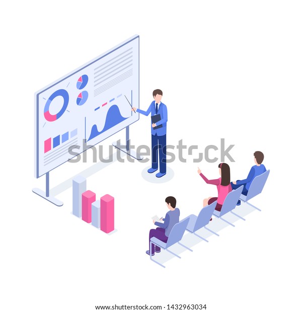Business presentation isometric color illustration.\
Market analyst, boss, office workers 3d cartoon characters.\
Corporate training, sales pitch, employer explaining charts and\
diagrams on board