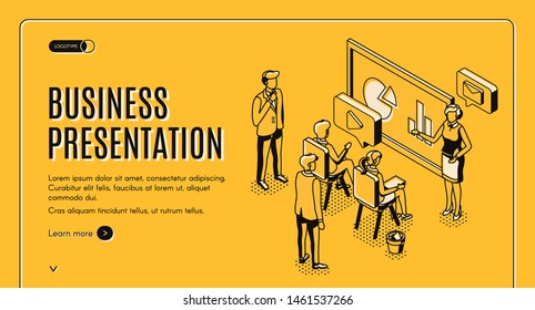 Business presentation isometric landing page, manager woman presenting marketing report, project statistic in diagrams on infographics screen to director or clients in office 3d vector line art banner