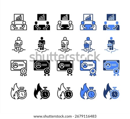 Business presentation, Job position, Qualification, Deadline, multiple style icon set.