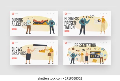 Business Presentation Landing Page Template Set. Company Leader or Coach Character Pointing on Charts to Employees Explain Company Strategy and Financial Indicators. Cartoon People Vector Illustration