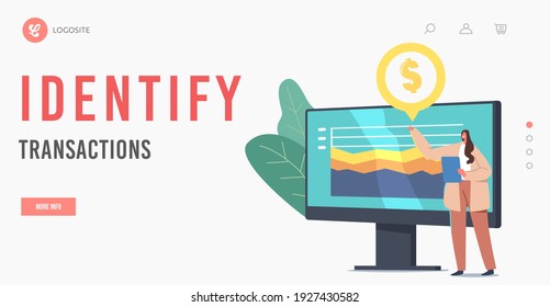 Business Presentation Landing Page Template.Tiny Businesswoman Character Give Financial Monitoring Statistics at Huge Monitor with Data Analysis Charts and Diagrams. Cartoon People Vector Illustration