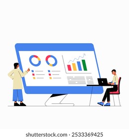 Apresentação De Negócios Com Tela Grande Em Ilustração De Vetor Plano Simbolizando Revisão De Dados, Análise Estratégica E Emissão De Relatórios, Isolada Em Fundo Branco