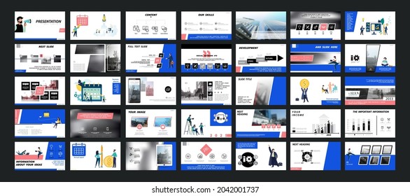Business presentation, launch of a new business project, powerpoint. Infographic design template, blue, pink elements, white background, set. A team of people creates a business, teamwork. Mobile app
