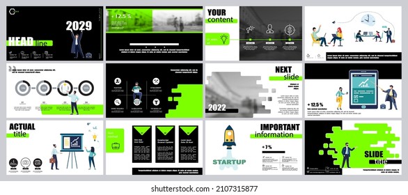Business presentation, launch of a new business project. Infographic design template, green elements, black background, set. A team of people creates a business, teamwork. Mobile app, web