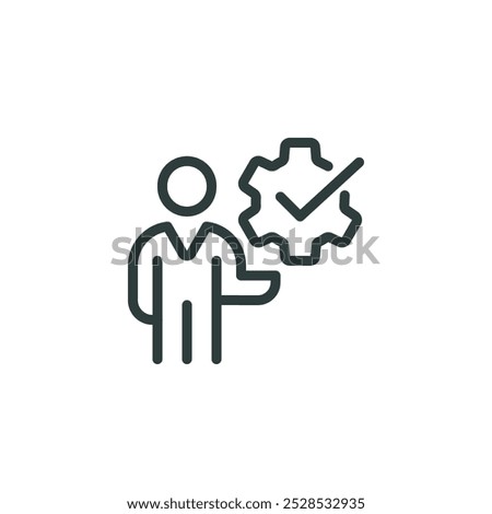 Business presentation, learning meeting, training lesson outline icon. Line sign man holding gear, cogwheel. Vector isolated pictogram for web and app on white background editable stroke.