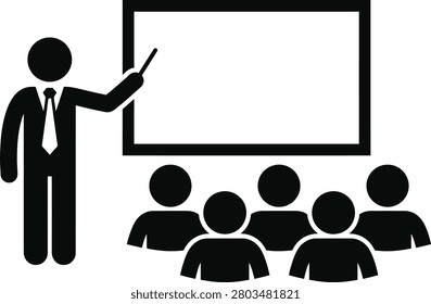 Business presentation or lecture silhouette icon, teacher pointing to blackboard in front of students vector