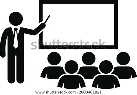 Business presentation or lecture silhouette icon, teacher pointing to blackboard in front of students vector