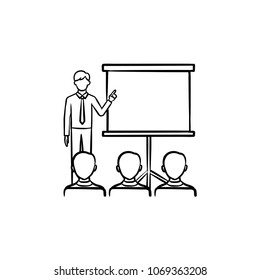 Business Presentation Lecture Training Hand Drawn Outline Doodle Vector Icon. Presentation Meeting Sketch Illustration For Print, Web, Mobile And Infographics Isolated On White Background.