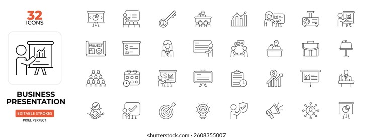 Business Presentation Line Icon Set – Handshake, Chart, Speaker, Audience, Briefcase, Editable Stroke.