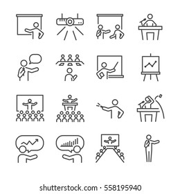 Business presentation line icon set. Included the icons as present, projector, seminar, graph, describe, speak and more.